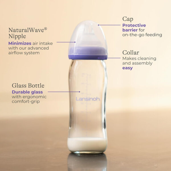 Lansinoh Anti-Colic Glass Baby Bottles, 5 Ounces, 4 Count Bottles for Feeding, Baby Essentials, Includes 4 Slow Flow Nipples, Size S