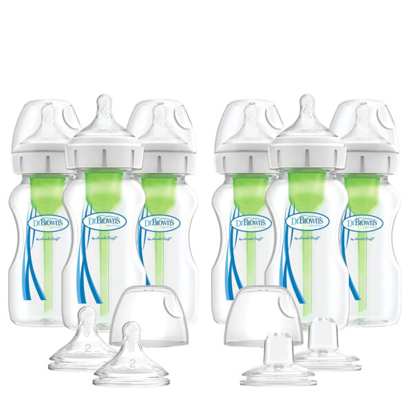 Dr. Brown's Natural Flow Anti-Colic Options+ Wide-Neck Baby Bottles 9 oz/270 mL,with Level 1 Slow Flow Nipple,4 Count,0m+