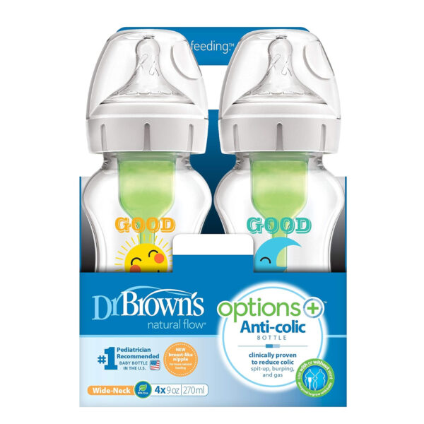 Dr. Brown's Natural Flow Anti-Colic Options+ Wide-Neck Baby Bottles 9 oz/270 mL,with Level 1 Slow Flow Nipple,4 Count,0m+