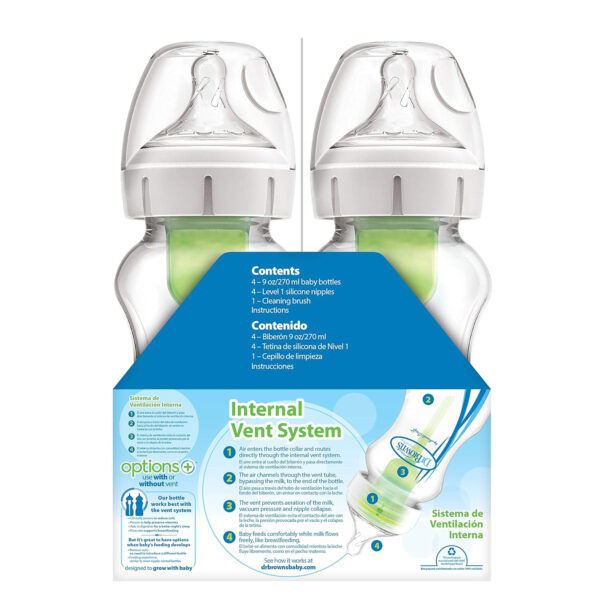 Dr. Brown's Natural Flow Anti-Colic Options+ Wide-Neck Baby Bottles 9 oz/270 mL,with Level 1 Slow Flow Nipple,4 Count,0m+