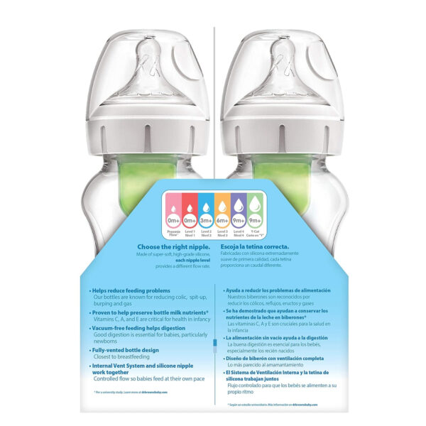 Dr. Brown's Natural Flow Anti-Colic Options+ Wide-Neck Baby Bottles 9 oz/270 mL,with Level 1 Slow Flow Nipple,4 Count,0m+