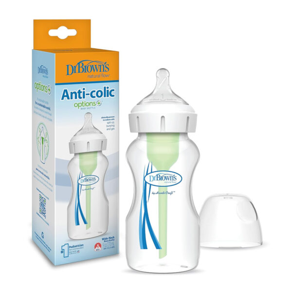 Dr. Brown's Natural Flow Anti-Colic Options+ Wide-Neck Baby Bottles 9 oz/270 mL,with Level 1 Slow Flow Nipple,4 Count,0m+