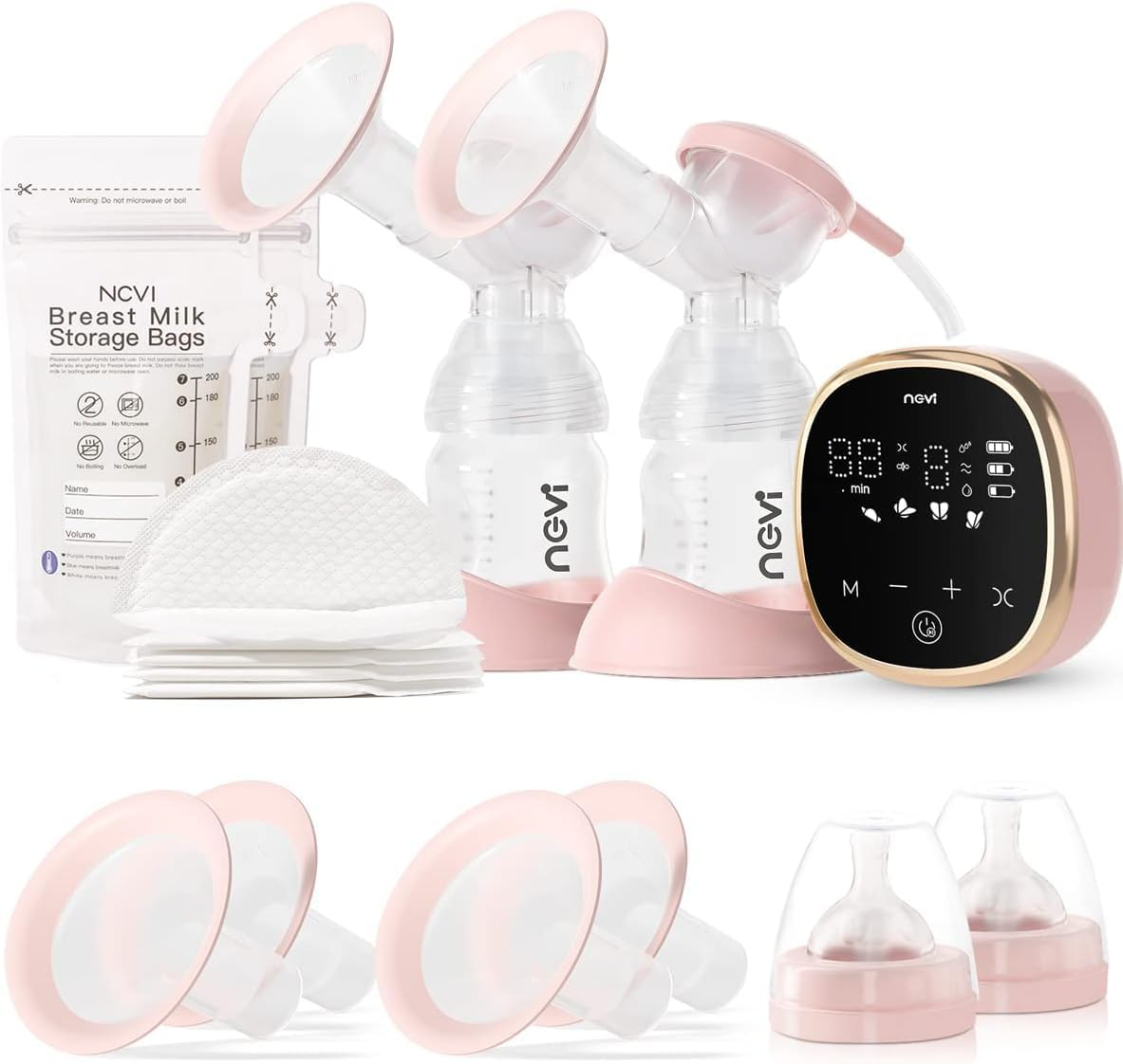688a8e460c7918282808382b6bec68841542e2bcf9ecfe1fb7715.jpg NCVI Double Electric Breast Pump 8782, Portable Anti-Backflow, with 4 Size Flanges, 4 Modes & 9 Levels, LED Display, 10 Breastmilk Storage Bags, Ultra-Quiet and Pain Free Breast Pumps
