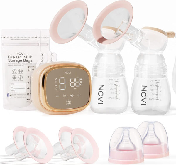NCVI Double Electric Breast Pump 8782, Portable Anti-Backflow, with 4 Size Flanges, 4 Modes & 9 Levels, LED Display, 10 Breastmilk Storage Bags, Ultra-Quiet and Pain Free Breast Pumps