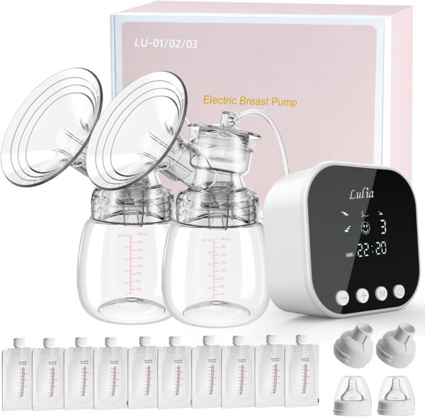 Lulia Double Electric Breast Pump, Breastfeeding Pump 4 Modes & 9 Levels, Low Noise, Anti-Backflow & LED Display, BPA Free, Portable Breast Pumps with 10 Breastmilk Storage Bags and 24mm Flange