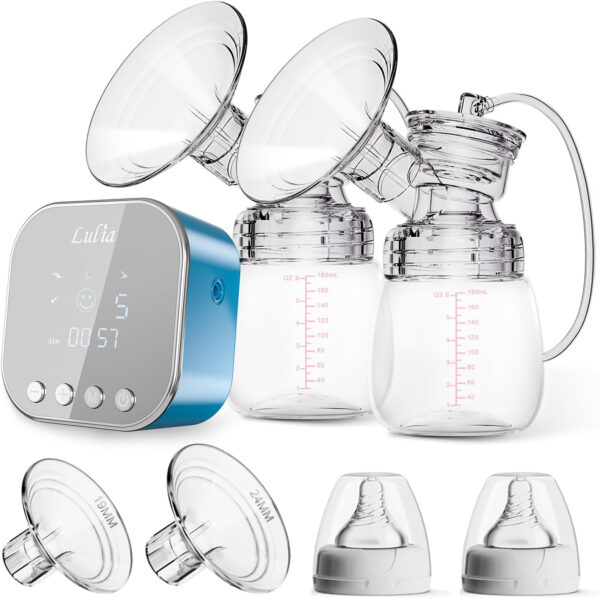 Lulia Double Electric Breast Pump, Breastfeeding Pump 4 Modes & 9 Levels, Low Noise, Anti-Backflow & LED Display, BPA Free, Portable Breast Pumps with 10 Breastmilk Storage Bags and 24mm Flange