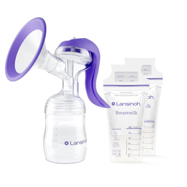Lansinoh Manual Breast Pump, Hand Pump with Comfortable Flange, Includes 5oz Baby Bottle with Slow Flow Nipple, Breastfeeding Essentials