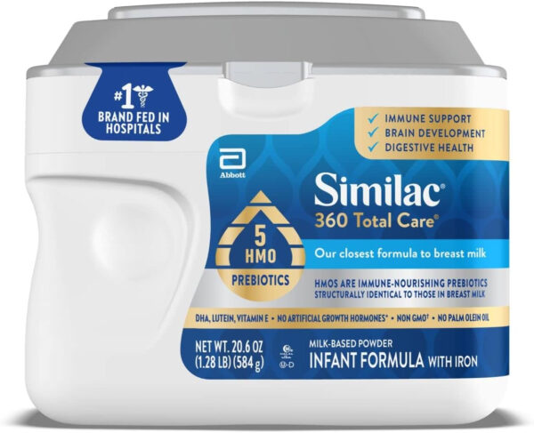 Similac 360 Total Care Infant Formula, Has 5 HMO Prebiotics, Our Closest Prebiotic Blend to Breast Milk, Non-GMO, Baby Formula Powder, 20.6-oz Tub