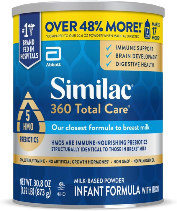 Similac 360 Total Care Infant Formula, Has 5 HMO Prebiotics, Our Closest Prebiotic Blend to Breast Milk, Non-GMO, Baby Formula Powder, 20.6-oz Tub