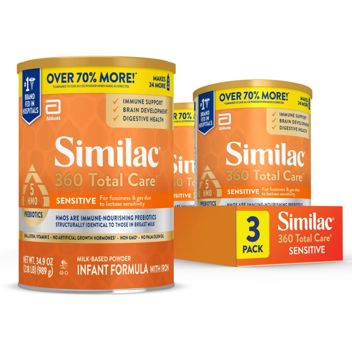 688a9386536095a131872df62f57172428c4d8795e8cb3e189a06.jpg Similac 360 Total Care Sensitive Infant Formula for Fussiness & Gas Due to Lactose Sensitivity, Has 5 HMO Prebiotics, Non-GMO, Baby Formula Powder, 34.9-oz Value Can, Pack of 3