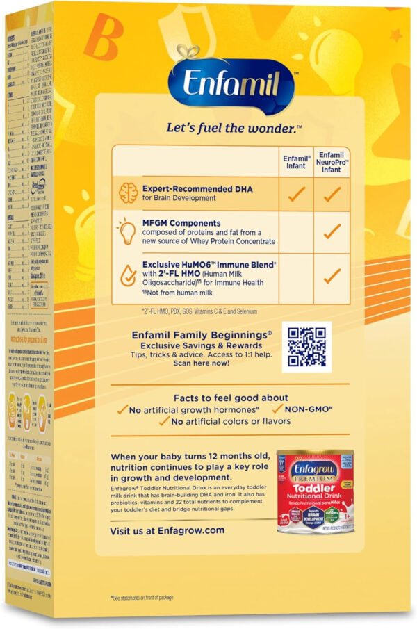 688a93d094d33a2c1d392312515281a03538425c4972da8d71fe6.jpg Enfamil NeuroPro Baby Formula, MFGM* 5-Year Benefit, Expert-Recommended Brain-Building Omega-3 DHA, Exclusive Immune Supporting HuMO6 Blend, Infant Formula Powder, Baby Milk, 31.4 Oz, Pack of 4