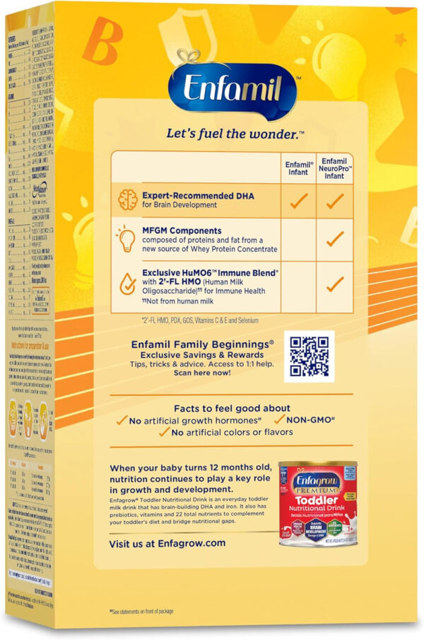 688a93d6924f611585acbab4be23eba51233302c251e18d56eca8.jpg Enfamil NeuroPro Baby Formula, MFGM* 5-Year Benefit, Expert-Recommended Brain-Building Omega-3 DHA, Exclusive Immune Supporting HuMO6 Blend, Infant Formula Powder, Baby Milk, 31.4 Oz, Pack of 4