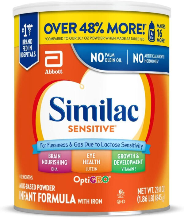 Similac Sensitive Infant Formula, for Fussiness & Gas Due to Lactose Sensitivity, Baby Formula Powder, 29.8-oz Value Can