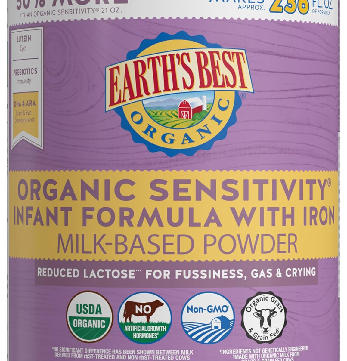 Earth's Best Organic Sensitivity Infant Formula for Babies 0-12 Months, Reduced Lactose Powder Formula with Iron, Omega-3 DHA, and Omega-6 ARA, 32 Ounce Value Container