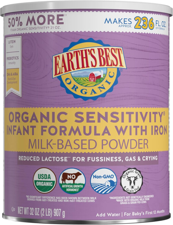 Earth's Best Organic Sensitivity Infant Formula for Babies 0-12 Months, Reduced Lactose Powder Formula with Iron, Omega-3 DHA, and Omega-6 ARA, 32 Ounce Value Container
