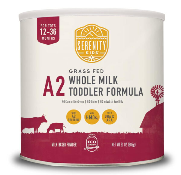 Serenity Kids 12-36 Months A2 Whole Milk Toddler Formula Powder - Organic Grass-Fed Milk Powder with Prebiotics & DHA & ARA for Brain & Eye Support - Clean Label Purity Award Certified - 21 Oz, 1 Pack