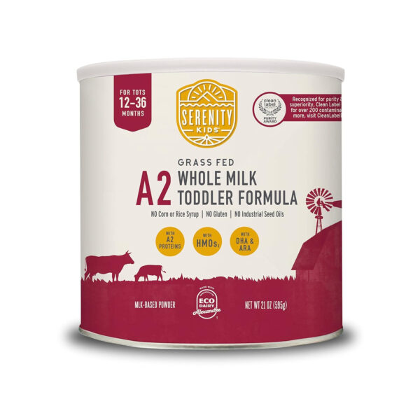 Serenity Kids 12-36 Months A2 Whole Milk Toddler Formula Powder - Organic Grass-Fed Milk Powder with Prebiotics & DHA & ARA for Brain & Eye Support - Clean Label Purity Award Certified - 21 Oz, 1 Pack