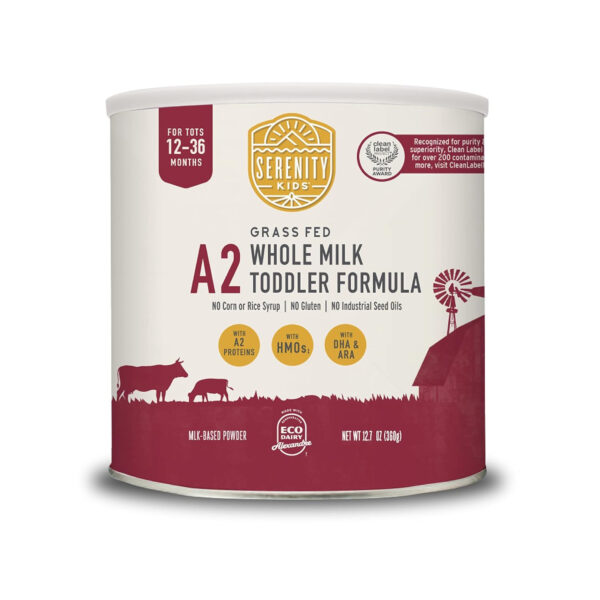 Serenity Kids 12-36 Months A2 Whole Milk Toddler Formula Powder - Organic Grass-Fed Milk Powder with Prebiotics & DHA & ARA for Brain & Eye Support - Clean Label Purity Award Certified - 21 Oz, 1 Pack