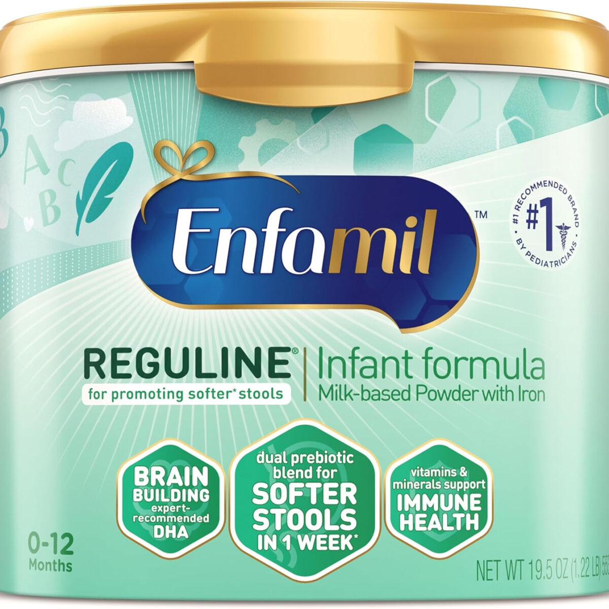 Enfamil Reguline Baby Formula, Milk-Based Infant Nutrition, Dual Prebiotics for Soft, Comfortable Stools within 1 Week of Use, Omega-3 DHA for Immune Support, Reusable Powder Tub, 19.5 Oz​