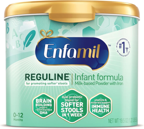 Enfamil Reguline Baby Formula, Milk-Based Infant Nutrition, Dual Prebiotics for Soft, Comfortable Stools within 1 Week of Use, Omega-3 DHA for Immune Support, Reusable Powder Tub, 19.5 Oz​