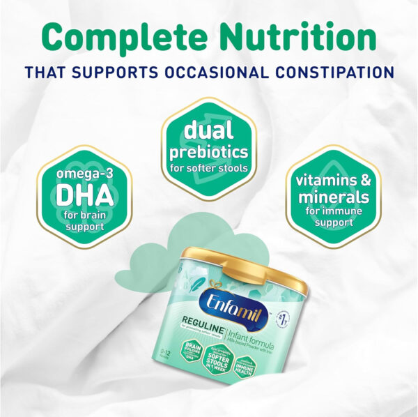 Enfamil Reguline Baby Formula, Milk-Based Infant Nutrition, Dual Prebiotics for Soft, Comfortable Stools within 1 Week of Use, Omega-3 DHA for Immune Support, Reusable Powder Tub, 19.5 Oz​