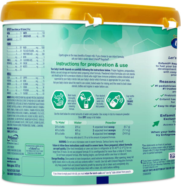 Enfamil Reguline Baby Formula, Milk-Based Infant Nutrition, Dual Prebiotics for Soft, Comfortable Stools within 1 Week of Use, Omega-3 DHA for Immune Support, Reusable Powder Tub, 19.5 Oz​