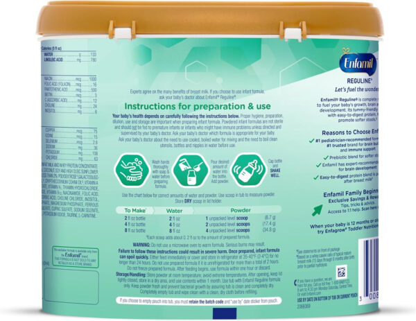Enfamil Reguline Baby Formula, Milk-Based Infant Nutrition, Dual Prebiotics for Soft, Comfortable Stools within 1 Week of Use, Omega-3 DHA for Immune Support, Reusable Powder Tub, 19.5 Oz​