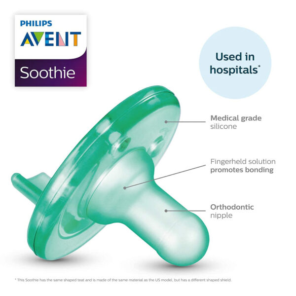 Philips Avent Soothie Orthodontic Baby Pacifiers, 100% Silicone Pacifiers, One Piece, BPA-Free, for Babies 0-3 Months, Green, 4 Pack, Model SCF190/41