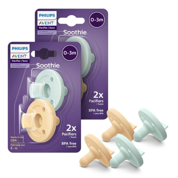 Philips Avent Soothie Orthodontic Baby Pacifiers, 100% Silicone Pacifiers, One Piece, BPA-Free, for Babies 0-3 Months, Green, 4 Pack, Model SCF190/41