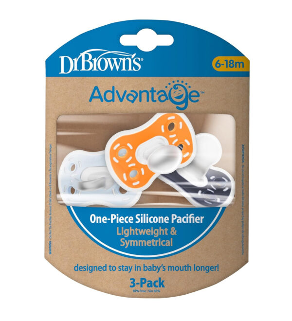 Dr. Brown's Advantage One-Piece Silicone Baby Pacifier, Fully Symmetrical Soother, Dark Blue/Light Blue/Orange, 6-18m, BPA Free, 3 Pack