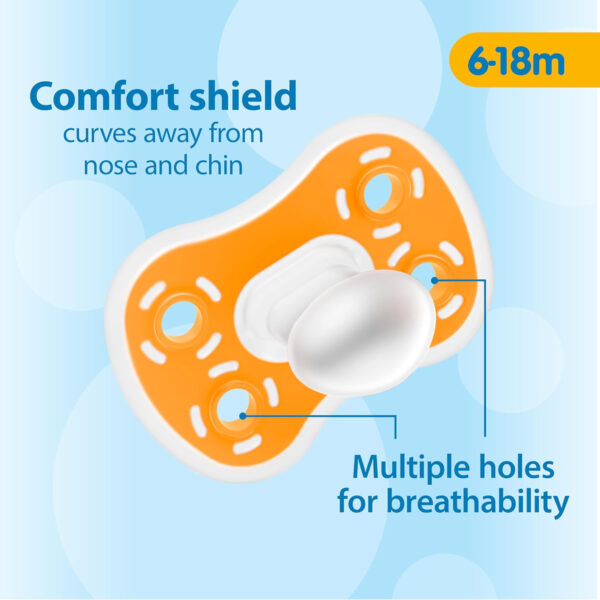 Dr. Brown's Advantage One-Piece Silicone Baby Pacifier, Fully Symmetrical Soother, Dark Blue/Light Blue/Orange, 6-18m, BPA Free, 3 Pack