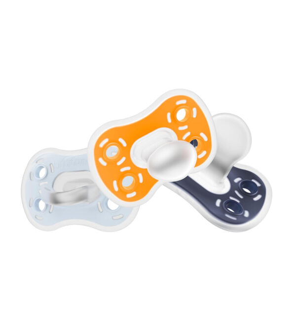 Dr. Brown's Advantage One-Piece Silicone Baby Pacifier, Fully Symmetrical Soother, Dark Blue/Light Blue/Orange, 6-18m, BPA Free, 3 Pack