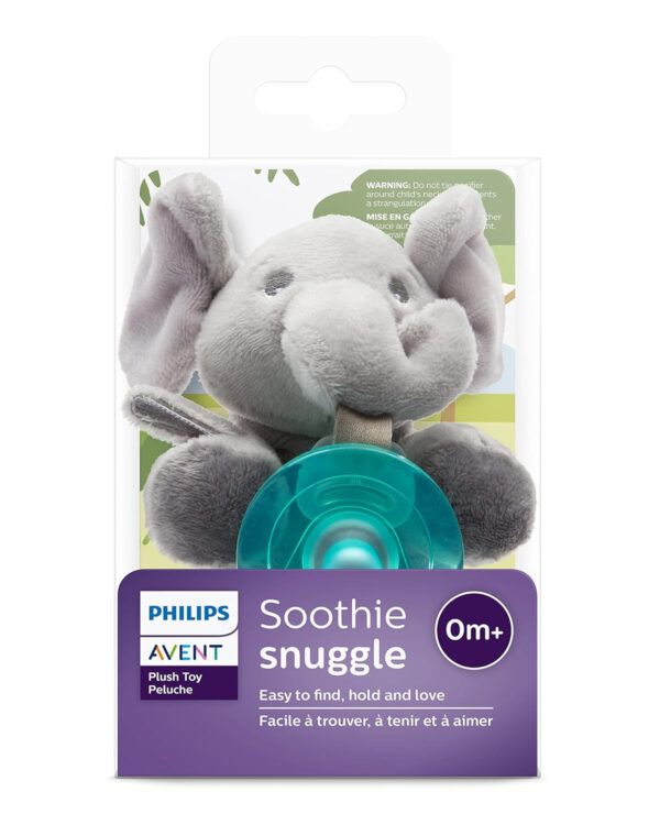 Philips AVENT Soothie Snuggle Pacifier Holder with Detachable Pacifier, 0m+, Elephant, SCF347/03- 1 Count (Pack of 1)
