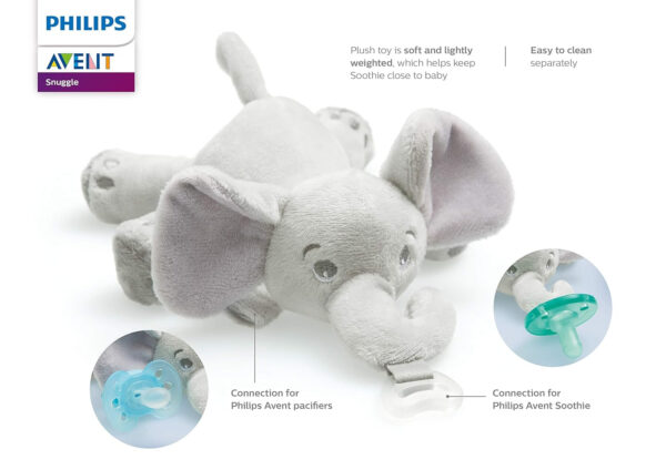 Philips AVENT Soothie Snuggle Pacifier Holder with Detachable Pacifier, 0m+, Elephant, SCF347/03- 1 Count (Pack of 1)