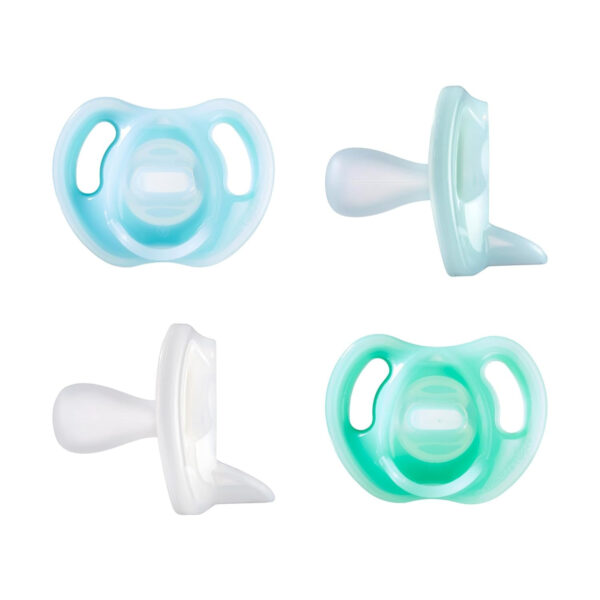 Tommee Tippee Ultra-Light Silicone Pacifier, 0-6 Months, Symmetrical One-Piece Design, BPA-Free Silicone Binkies, Clear/Blue/Green, Pack of 4