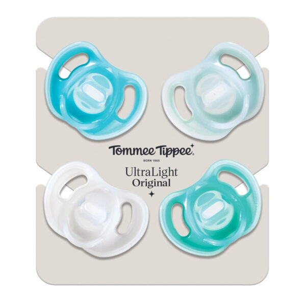 Tommee Tippee Ultra-Light Silicone Pacifier, 0-6 Months, Symmetrical One-Piece Design, BPA-Free Silicone Binkies, Clear/Blue/Green, Pack of 4