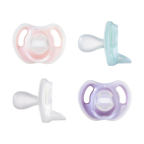 Tommee Tippee Ultra-Light Silicone Pacifier, 0-6 Months, Symmetrical One-Piece Design, BPA-Free Silicone Binkies, Clear/Blue/Green, Pack of 4
