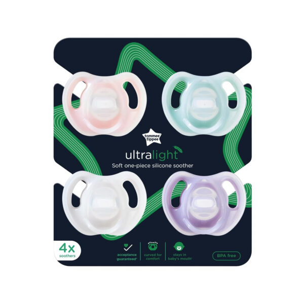 Tommee Tippee Ultra-Light Silicone Pacifier, 0-6 Months, Symmetrical One-Piece Design, BPA-Free Silicone Binkies, Clear/Blue/Green, Pack of 4