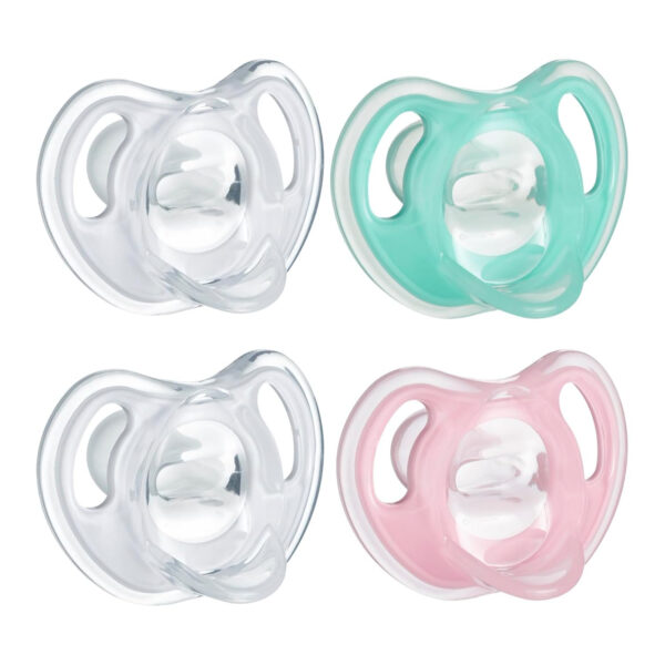 Tommee Tippee Ultra-Light Silicone Pacifier, 0-6 Months, Symmetrical One-Piece Design, BPA-Free Silicone Binkies, Clear/Blue/Green, Pack of 4