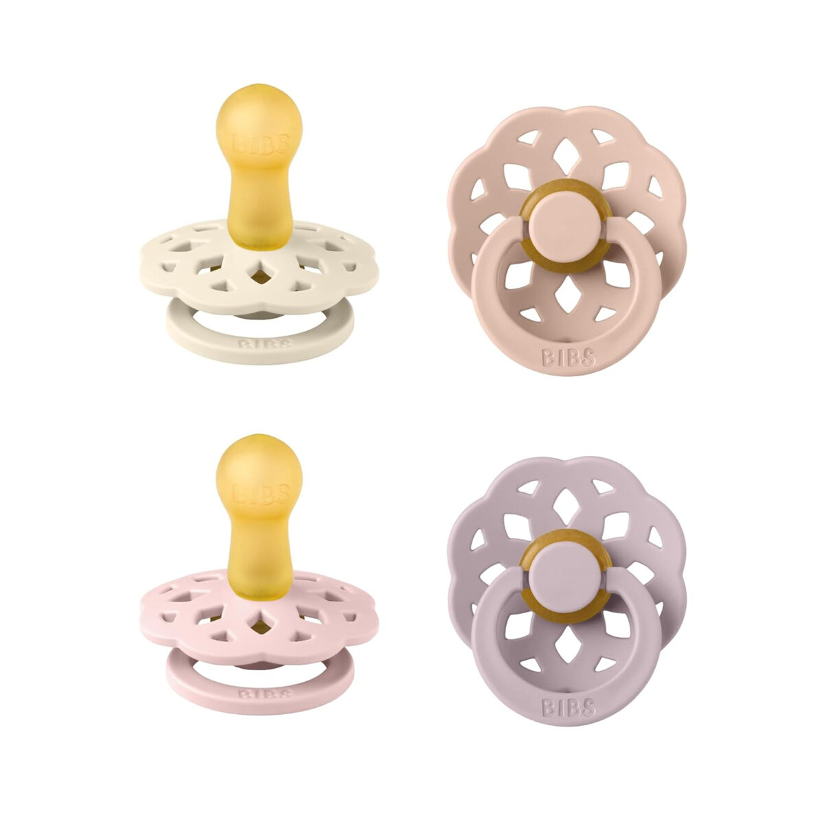 BIBS Boheme Soother 4-Pack. BPA Free Dummy Pacifier, Round Nipple. Natural Rubber Latex, Made in Denmark, Size 2 (6-18 Months), Dusky Lilac Mix
