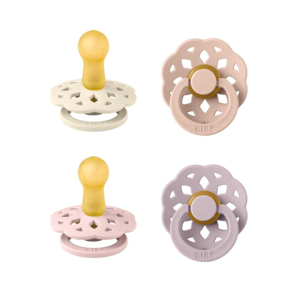 688a9a1d9728fda1ba67ea3eed46d88fefbf81bdbbfa2897d9da0.jpg BIBS Boheme Soother 4-Pack. BPA Free Dummy Pacifier, Round Nipple. Natural Rubber Latex, Made in Denmark, Size 2 (6-18 Months), Dusky Lilac Mix