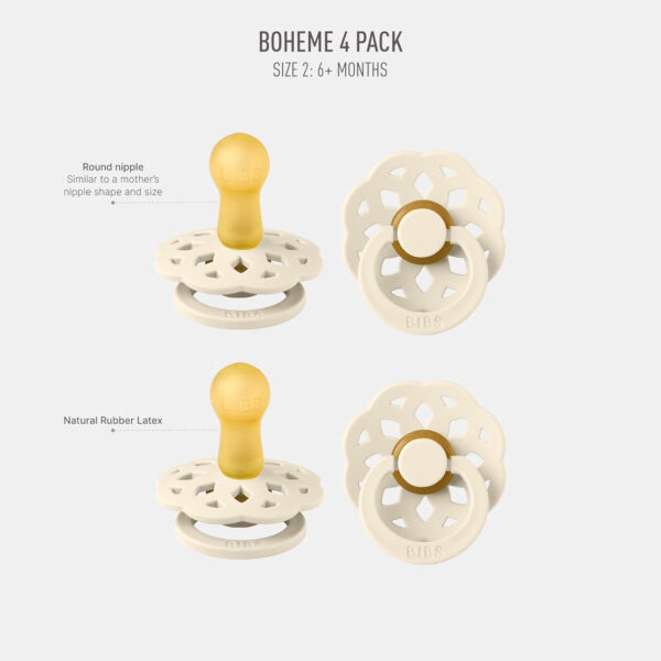 688a9a256df74c4cc791d864275fb582e91baa13efec6709687bd.jpg BIBS Boheme Soother 4-Pack. BPA Free Dummy Pacifier, Round Nipple. Natural Rubber Latex, Made in Denmark, Size 2 (6-18 Months), Dusky Lilac Mix