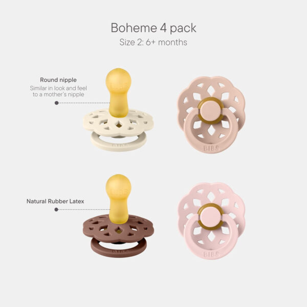 688a9a296eadeaf32895002fba27e67c7775e00ef456e77fa3699.jpg BIBS Boheme Soother 4-Pack. BPA Free Dummy Pacifier, Round Nipple. Natural Rubber Latex, Made in Denmark, Size 2 (6-18 Months), Dusky Lilac Mix