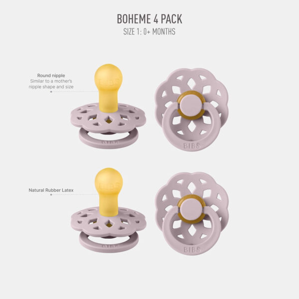 688a9a2e7c3fdc742ec49fe14f29276a3e89a2963ac50fd0d54de.jpg BIBS Boheme Soother 4-Pack. BPA Free Dummy Pacifier, Round Nipple. Natural Rubber Latex, Made in Denmark, Size 2 (6-18 Months), Dusky Lilac Mix