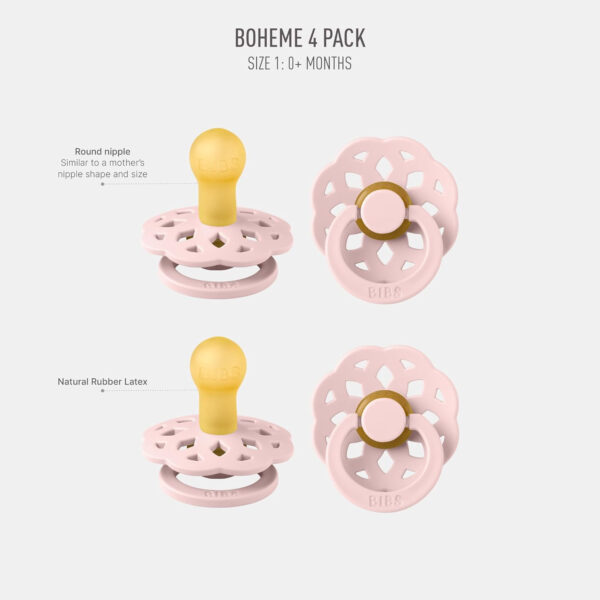 688a9a30133cb0a72dbe34a6e9cf754d28b95920da3222ef64402.jpg BIBS Boheme Soother 4-Pack. BPA Free Dummy Pacifier, Round Nipple. Natural Rubber Latex, Made in Denmark, Size 2 (6-18 Months), Dusky Lilac Mix