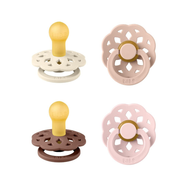 688a9a31236c5e36c879de5e33344000979d937312f1803957ac6.jpg BIBS Boheme Soother 4-Pack. BPA Free Dummy Pacifier, Round Nipple. Natural Rubber Latex, Made in Denmark, Size 2 (6-18 Months), Dusky Lilac Mix