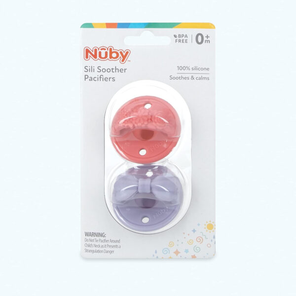 Nuby 3-D Sili Soother Pacifiers with Soft Handle and Two Safety Air Holes, 2 Pack, 0+ Months, Purple Bow and Pink Flowers