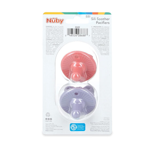 Nuby 3-D Sili Soother Pacifiers with Soft Handle and Two Safety Air Holes, 2 Pack, 0+ Months, Purple Bow and Pink Flowers