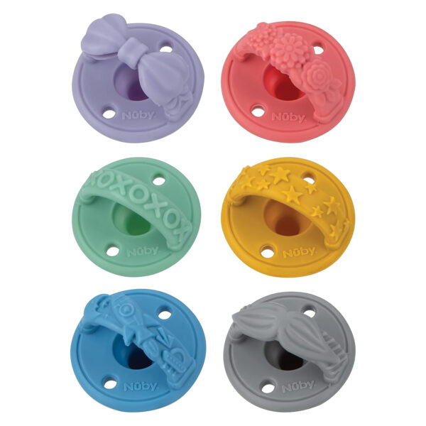 Nuby 3-D Sili Soother Pacifiers with Soft Handle and Two Safety Air Holes, 2 Pack, 0+ Months, Purple Bow and Pink Flowers