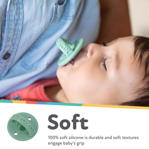 Nuby 3-D Sili Soother Pacifiers with Soft Handle and Two Safety Air Holes, 2 Pack, 0+ Months, Purple Bow and Pink Flowers